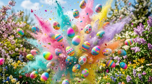 Colorful Easter Eggs Exploding Powder Confetti Spring Garden