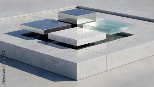 Concrete square foundation supporting floating blocks – Ideal for corporate stability, business growth, or architectural design.