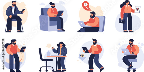 Stylized individuals using digital devices and engaging in work activities