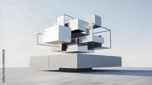 Massive concrete base with floating glass cubes – Perfect for structural balance, modern architecture, or stable growth.
