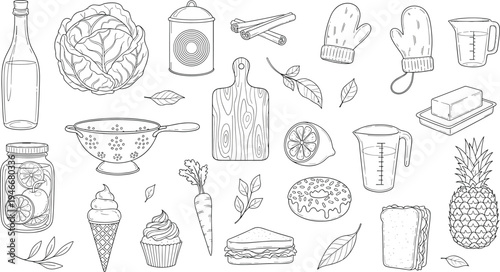 Hand-drawn Kitchen and Food Items Collection Featuring Bottles, Utensils, Ice Cream, Fruits, and Cooking Ingredients for Illustrations and Digital Media Designs