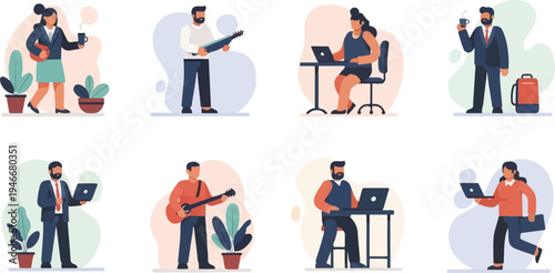 Stylized flat illustrations of people working, playing music, and commuting