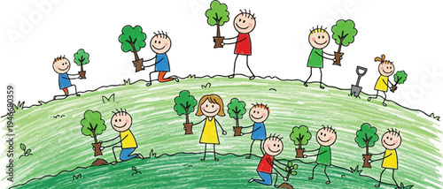 Children standing on earth doodle vector