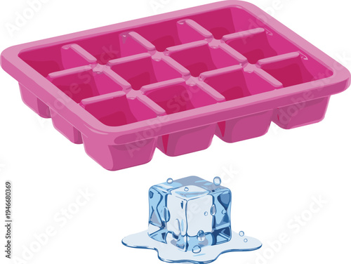 Ice Cube Tray Illustration Featuring Pink Tray and Melted Ice Cube for Kitchen, Household, and Beverage Designs