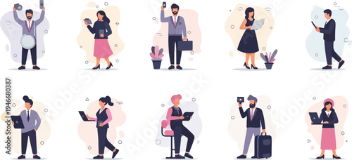 Professional people engaged in work and leisure activities, using technology