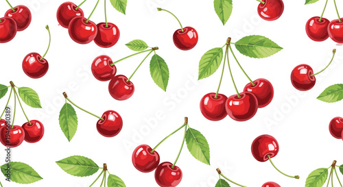 Fresh Red Cherry Pattern with Leaves for Summer, Food, and Organic Product Designs, Textiles, and Kitchen Decor