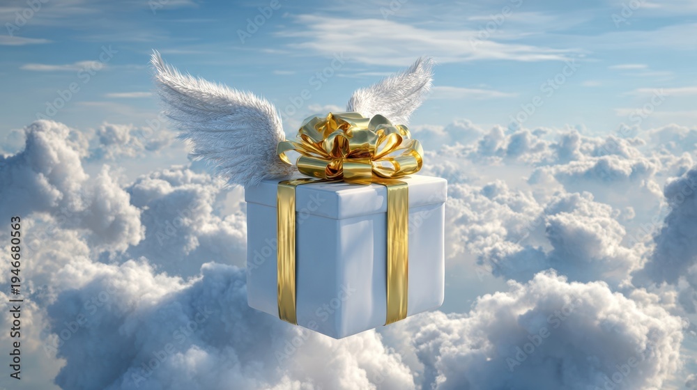 Naklejka premium The Gift with Angel Wings Floating Above Soft Clouds in a Heavenly Sky