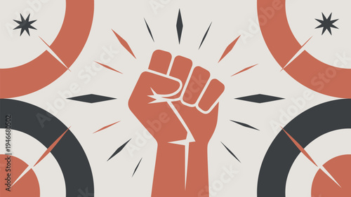 A powerful red fist with white lines and geometric shapes on a beige background, symbolizing strength and activism.