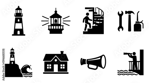 Lighthouse Icons Vector – Coastal Safety, Navigation, Maintenance, Maritime Exploration Graphic