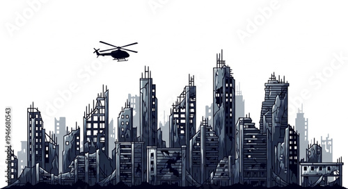City Skyline with Helicopter Flying.
