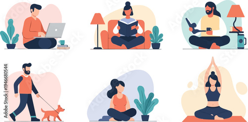 People engaged in various relaxing and productive activities at home