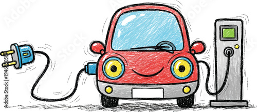 Electric car charging station doodle vector