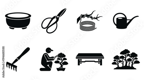Gardening Icons Vector – Bonsai Tree Care, Tools, Pruning, Nature Graphic