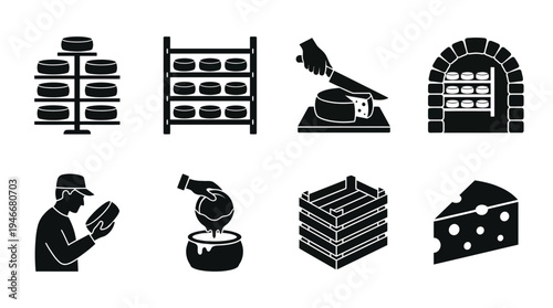 Cheese Production Icons Vector – Storage, Cutting, Aging, Handling, Culinary Graphic