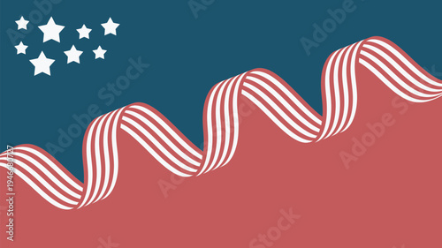 A stylized illustration of the American flag with a wavy ribbon and stars on a blue and red background