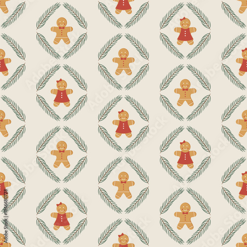 Seamless Christmas pattern with cute gingerbread cookies and pine branches on light background. Cute festive holiday illustration.