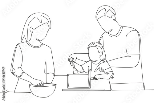 Families cooking concept one-line drawing