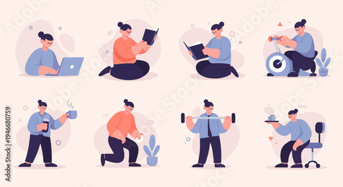 A grid of eight illustrated scenes showing people engaged in daily activities