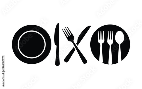 Restaurant Cutlery Icon Set, vector illustrations of fork, knife, spoon, and plate, menu symbol for food, dining, and restaurant design, clean icons for print and digital media.
