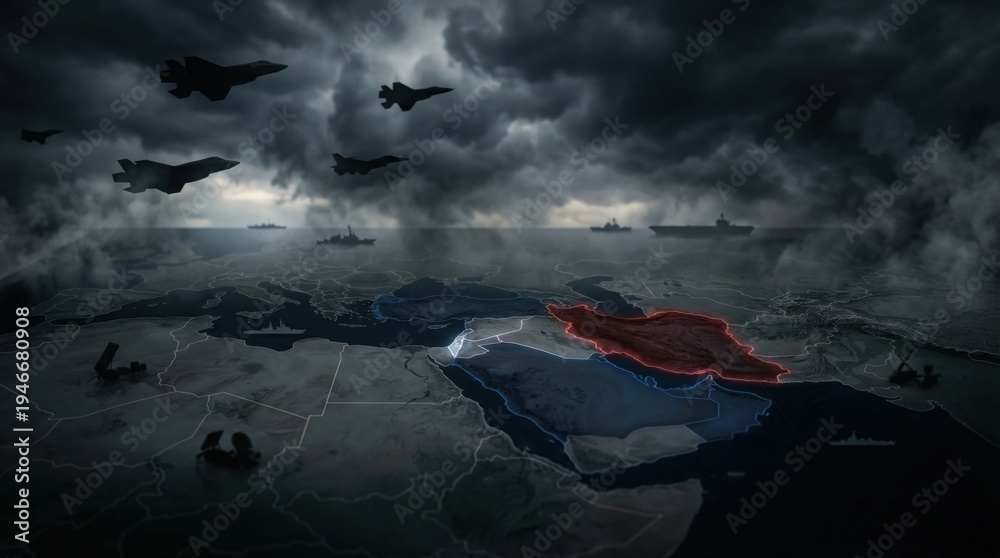 Obraz premium Middle East Geopolitical Conflict Map with Military Forces and Fighter Jets