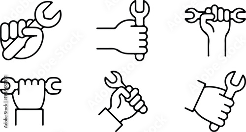 hand holding spanner repair wrench black outline icon set vector illustration design collection art 