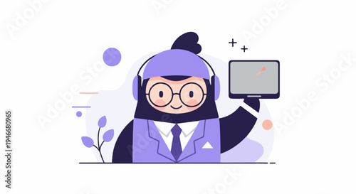Animated character with headphones and tablet, offering support