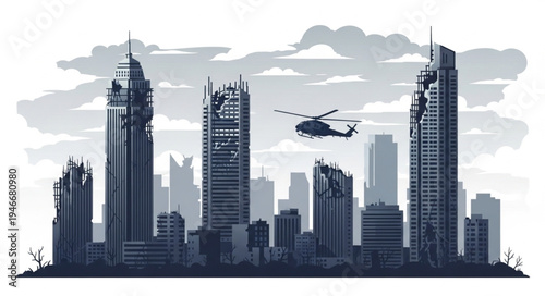 City Skyline with Helicopter Flying.