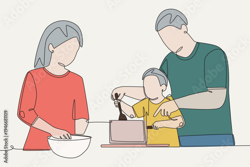 Colored Families cooking concept one-line drawing