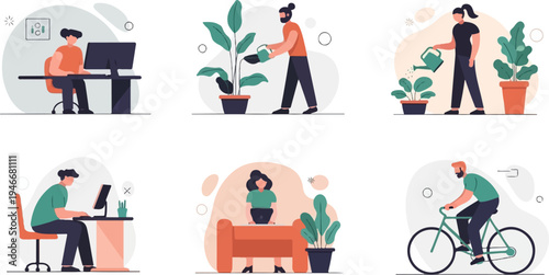 People working at desks, tending plants, and cycling