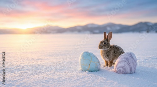 Wild Rabbit Easter Eggs Snow Dawn Winter Wonderland Scene