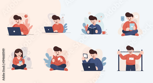 People engaged in various activities such as working on laptops, reading, and exercising