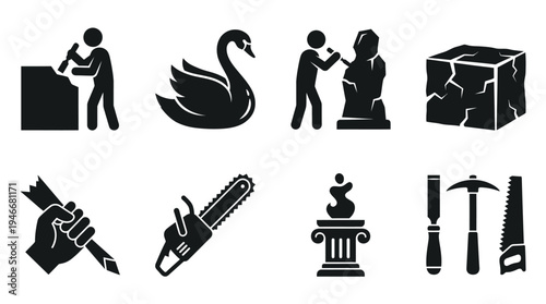 Sculpture Icons Vector – Carving Tools, Stone, Pedestal, Artistic Craft Graphic
