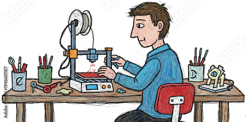 Student building robot project doodle vector