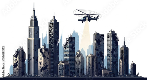 City Skyline with Helicopter Flying.