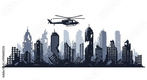 City Skyline with Helicopter Flying.