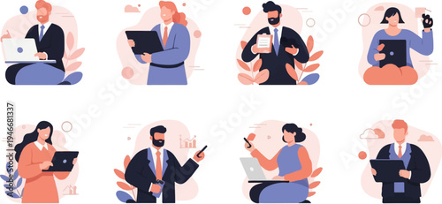 Business professionals working with technology, documents, and charts