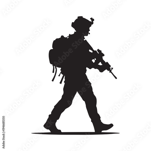Silhouette of a soldier walking with a rifle and backpack, representing armed forces and military service.