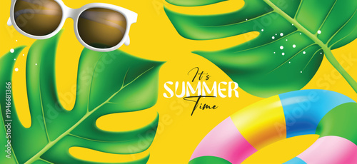 Summer time vector design. It's summer time text with tropical elements  like sunglass, inflatable ring, and green monstera leaves. Vector illustration summer season greeting.
