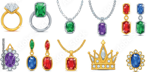 Luxury gemstone jewelry collection with diamond rings necklaces earrings crown and colorful precious gems vector illustration set