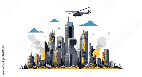 City Skyline with Helicopter Flying.