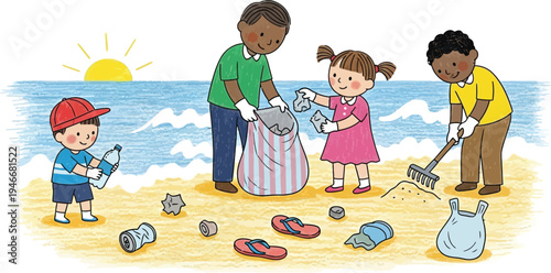 Children cleaning beach environment doodle vector
