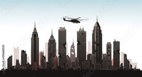 City Skyline with Helicopter Flying.