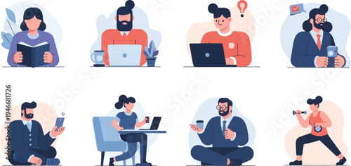 Diverse individuals engaged in various activities reading, working, and exercising (1)