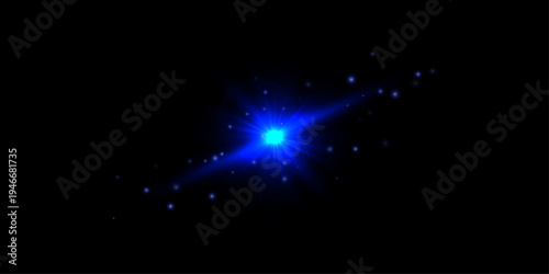 Blue starburst glow with sparkles and luminous stardust on black background. Radiant light flare design element for banners and digital graphics.