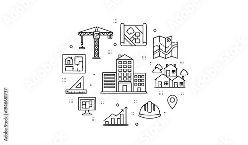 A collection of construction and architecture icons in a circular pattern