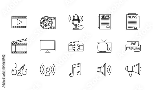 A set of media and communication icons in a flat line art style