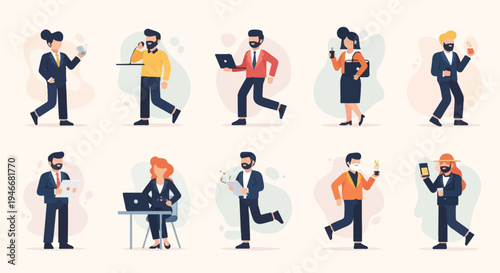 Diverse individuals engaged in various activities, some working, others on the go