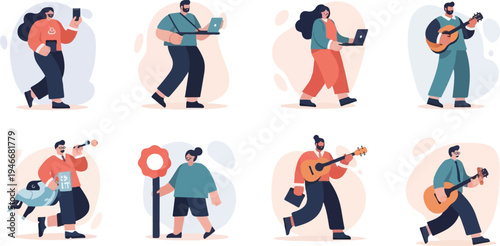 Diverse individuals engaged in various activities using technology, playing music, and holding objects