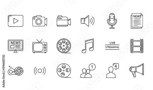 A set of minimalist line art icons representing various media and communication symbols