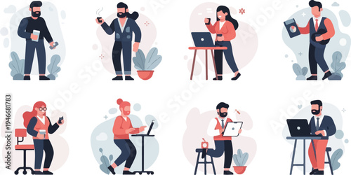 Diverse individuals engaged in various business activities with devices